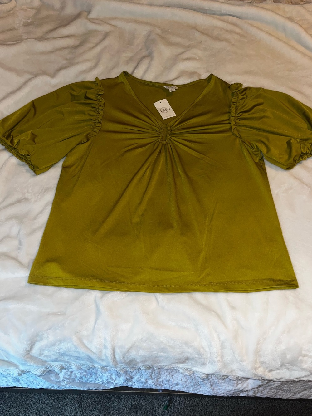 Cato Olive Green Twist-Front Puff Sleeve Top